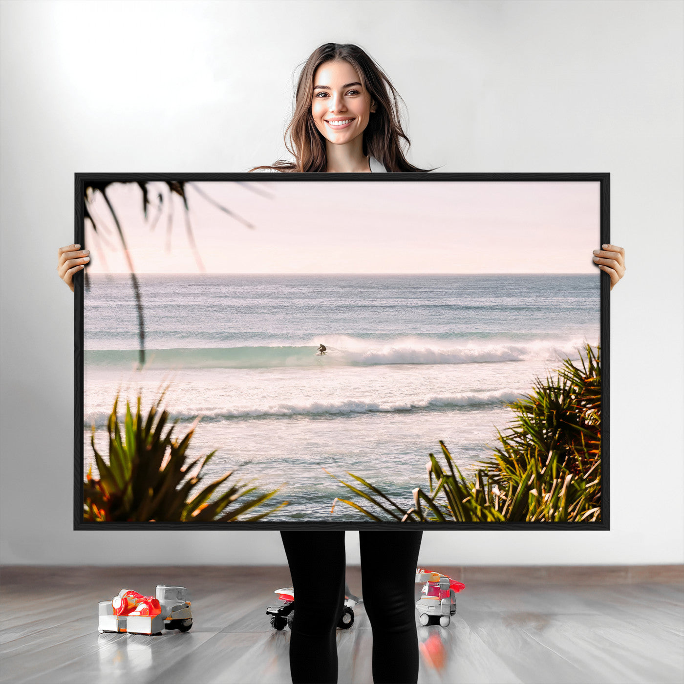 Canvas of a lone surfer riding a pastel wave at sunrise, perfect for tropical or coastal-themed spaces with a relaxed, airy vibe.