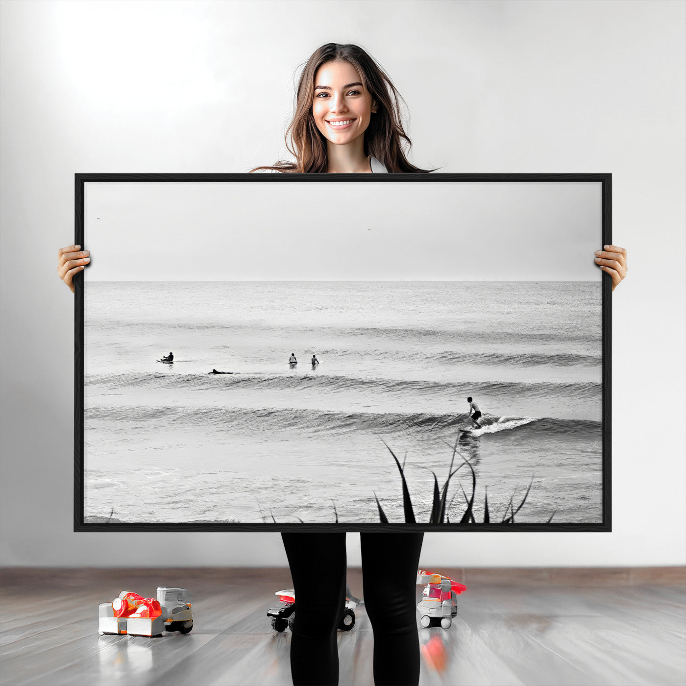 Monochrome canvas of surfers on calm ocean waves, ideal for minimalist coastal or beach-inspired interior decor.
