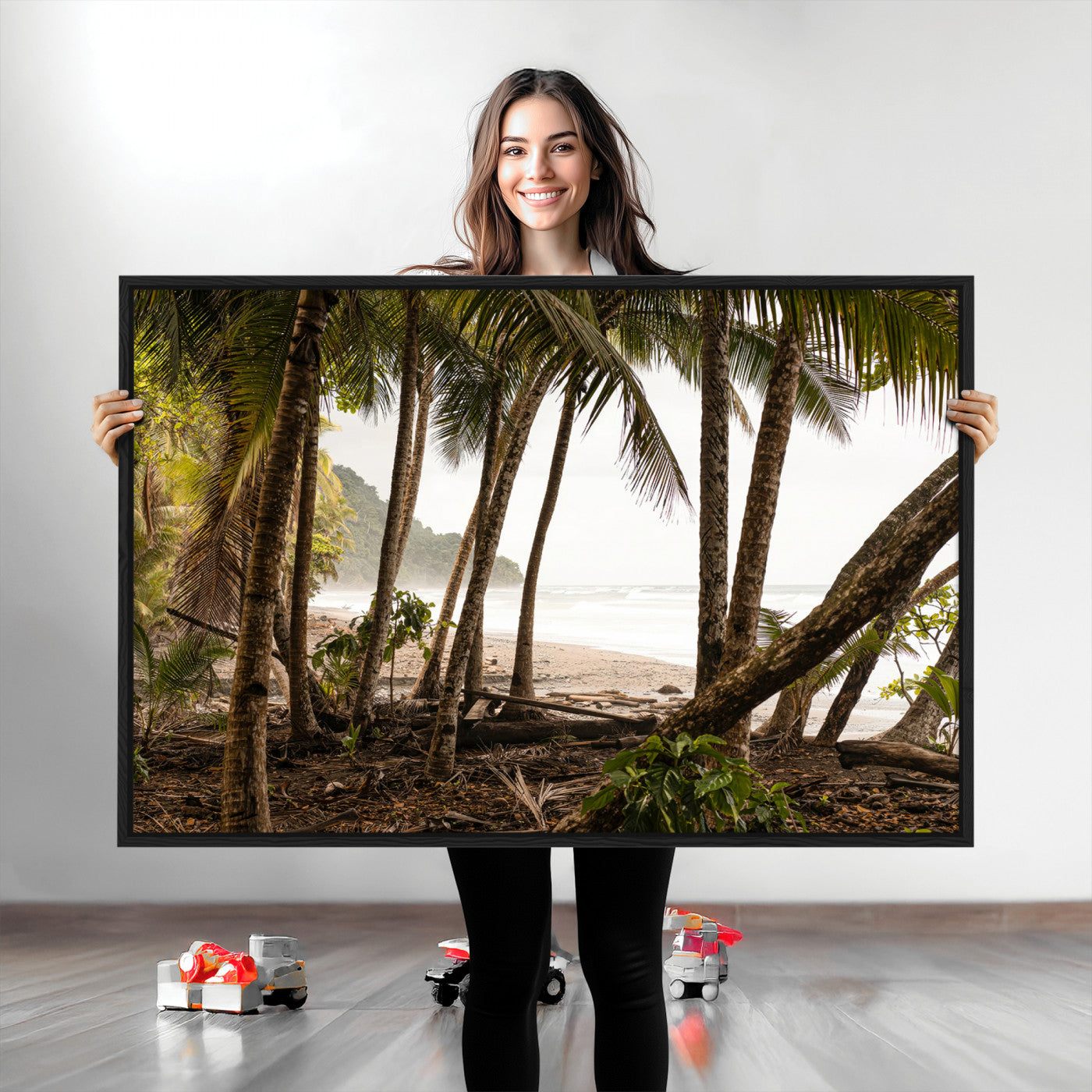 Dense tropical palm trees framing a sandy beach and ocean shore, ideal for jungle or coastal themed interior wall decor.
