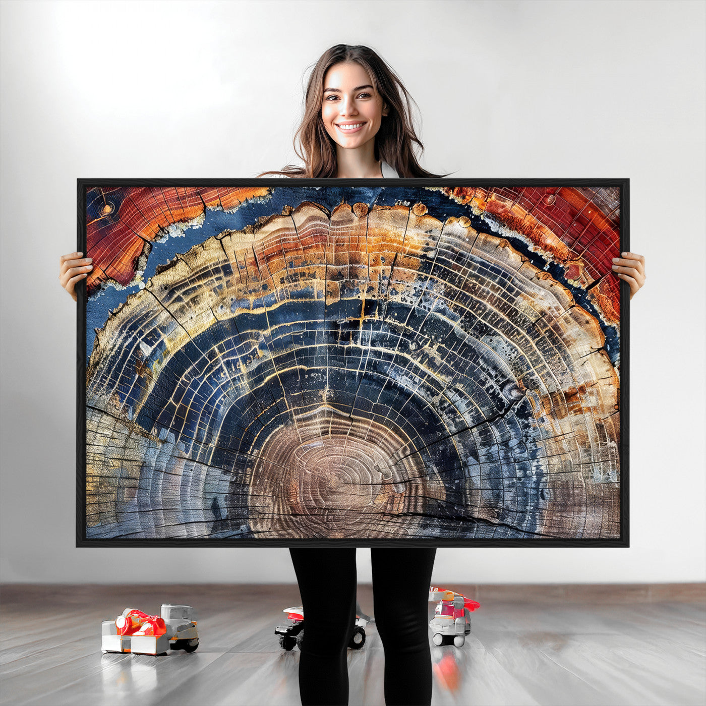 Vibrant tree ring with orange, brown, and blue tones in abstract detail, perfect for rustic or boho-inspired wall decor.