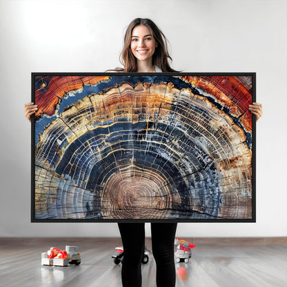 Vibrant tree ring with orange, brown, and blue tones in abstract detail, perfect for rustic or boho-inspired wall decor.