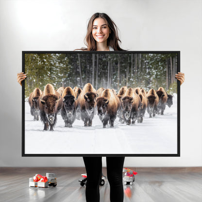 A herd of American bisons walking through a snowy forest path, perfect for rustic cabin or Western-themed wall decor.
