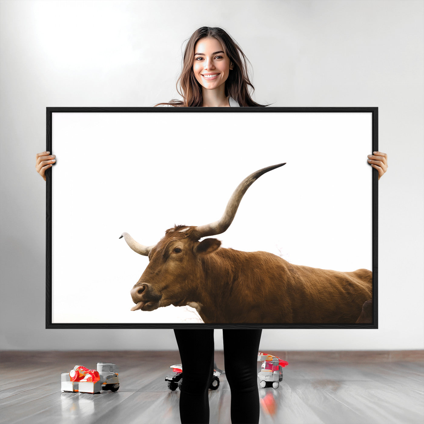 Minimal photo of a longhorn cow with white background, ideal for rustic, western or farmhouse-style interior decor.
