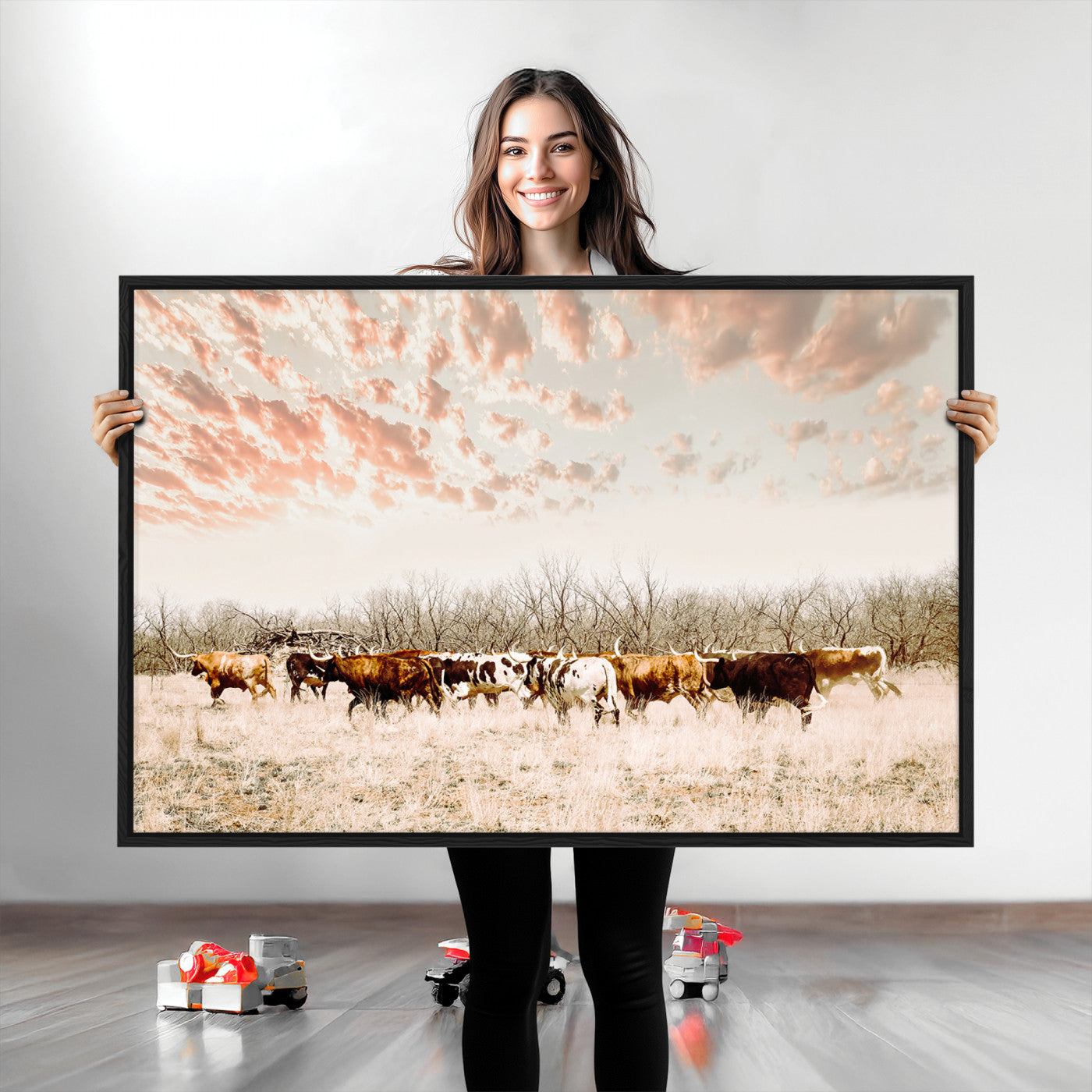 Cattle herd in a soft-toned field under a pastel pink sky, creating a peaceful rustic feel, perfect for farmhouse or western-themed spaces.