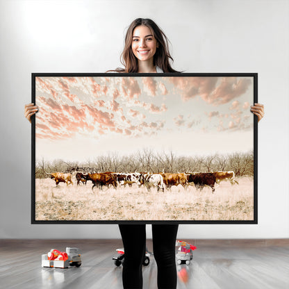 Cattle herd in a soft-toned field under a pastel pink sky, creating a peaceful rustic feel, perfect for farmhouse or western-themed spaces.