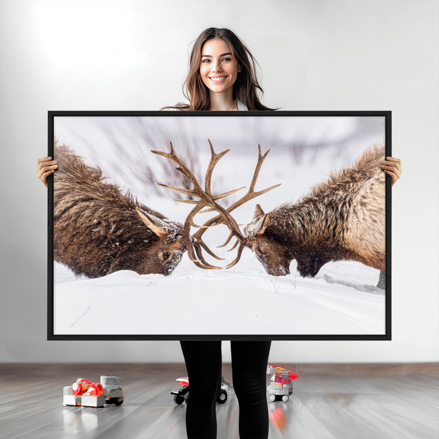 Two elk clashing antlers in a snowy forest, capturing raw power and wild energy, ideal for rustic cabin or lodge-style decor.