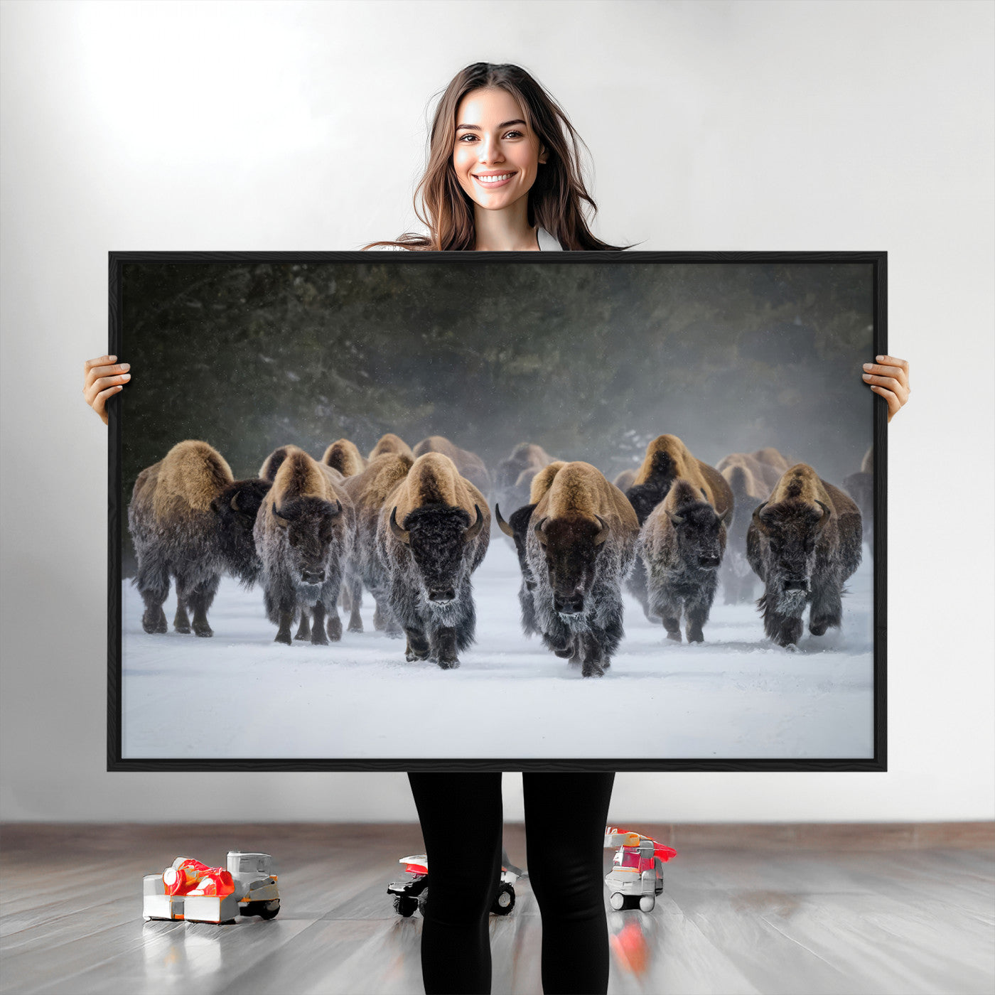 A herd of American bisons walking through deep snow in a forest, evoking a powerful rustic wilderness mood for western-style interiors.
