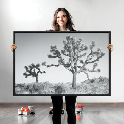 Black and white Joshua tree in a desert landscape with soft light and dry brush, perfect for rustic or minimalist home decor.
