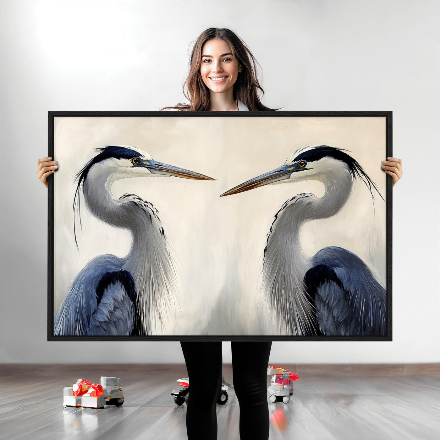 Two blue herons facing each other on a soft neutral background, ideal for coastal, tranquil, or nature-inspired minimalist interiors.