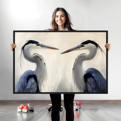 Two blue herons facing each other on a soft neutral background, ideal for coastal, tranquil, or nature-inspired minimalist interiors.