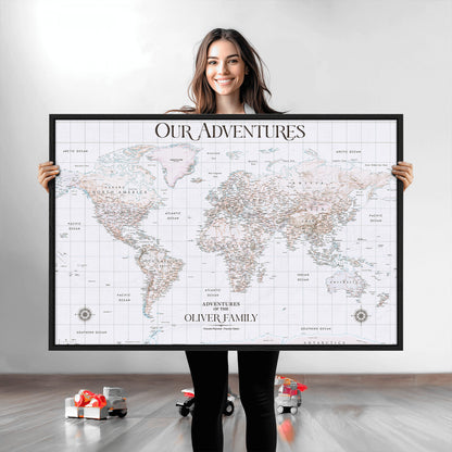 40041157-MGV-CV-36X24-Custom Push Pin World Map Wall Canvas Print – Personalized Travel Tracker with Pins – Framed Large Multi-Size Canvas for Home Office Decor