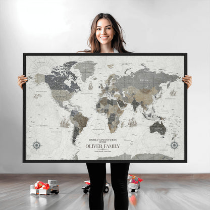 24596128-MGV-CV-36X24-Custom Push Pin World Map Wall Canvas Print – Personalized Travel Tracker with Pins – Framed Large Multi-Size Canvas for Home Office Decor