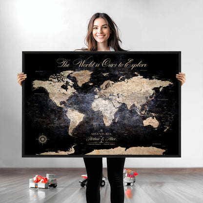 '-Customize Push Pin World Map Wall Canvas Print, Personalized Travel Tracker with Pins, Framed Large Canvas for Home Office Decor - H37