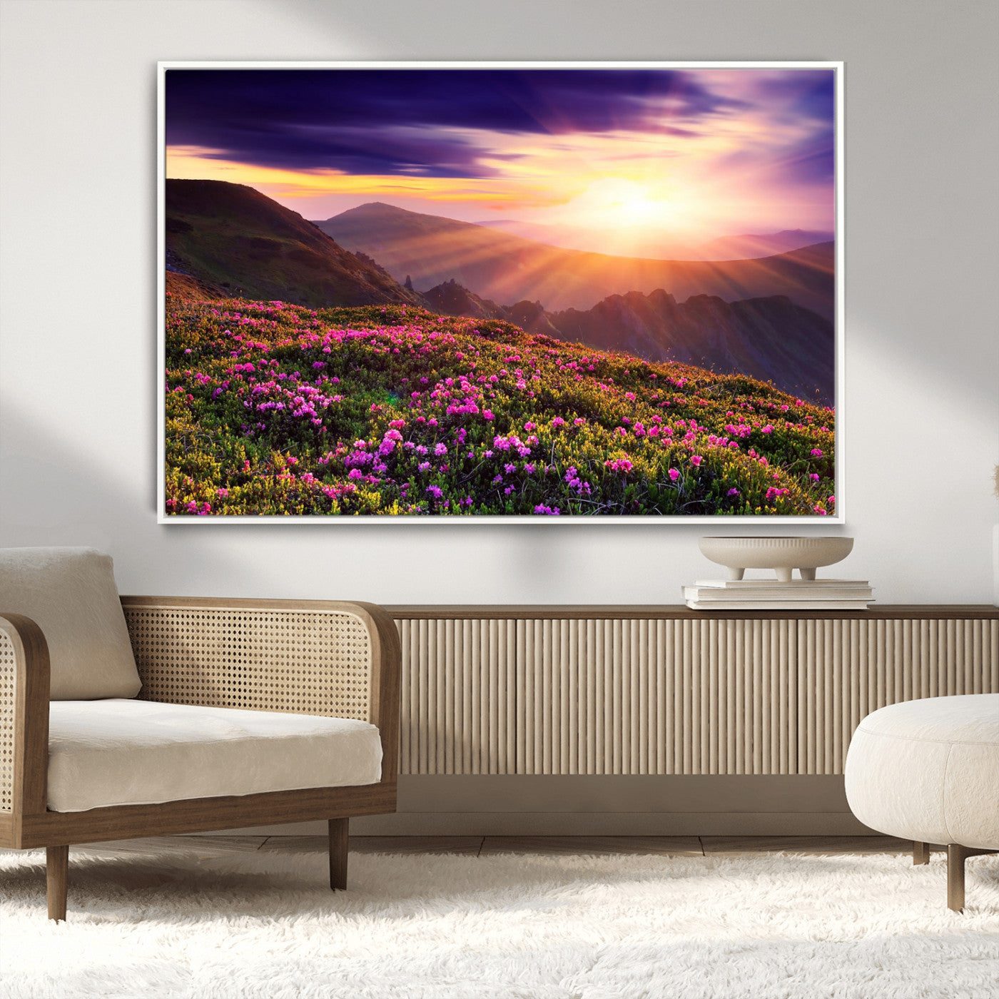 -Mountain Sunrise Wall Art – Vibrant Floral Landscape Canvas Print, Nature Home Decor for Living Room, Bedroom Office or Cabin
