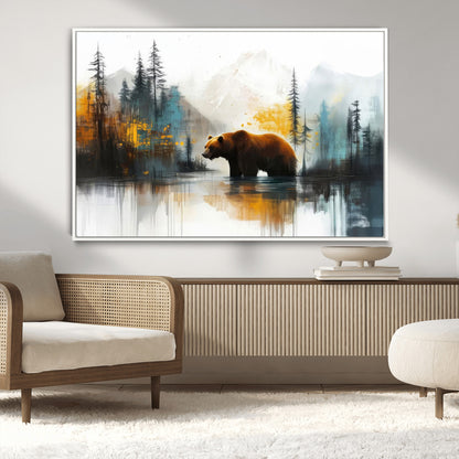 A majestic bear stands by the serene waters of a misty forest, surrounded by towering trees and distant mountains, evoking the raw beauty and wild spirit of nature.