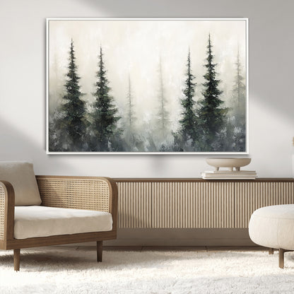 Soft and misty pine forest painting in neutral earthy tones, ideal for calm woodland or minimalist rustic home decor.