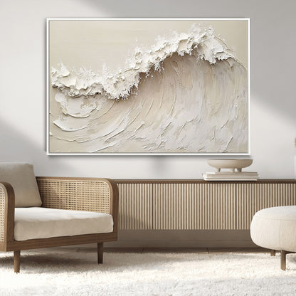Textured canvas of an abstract white ocean wave in neutral tones, ideal for modern coastal or minimalist home decor.