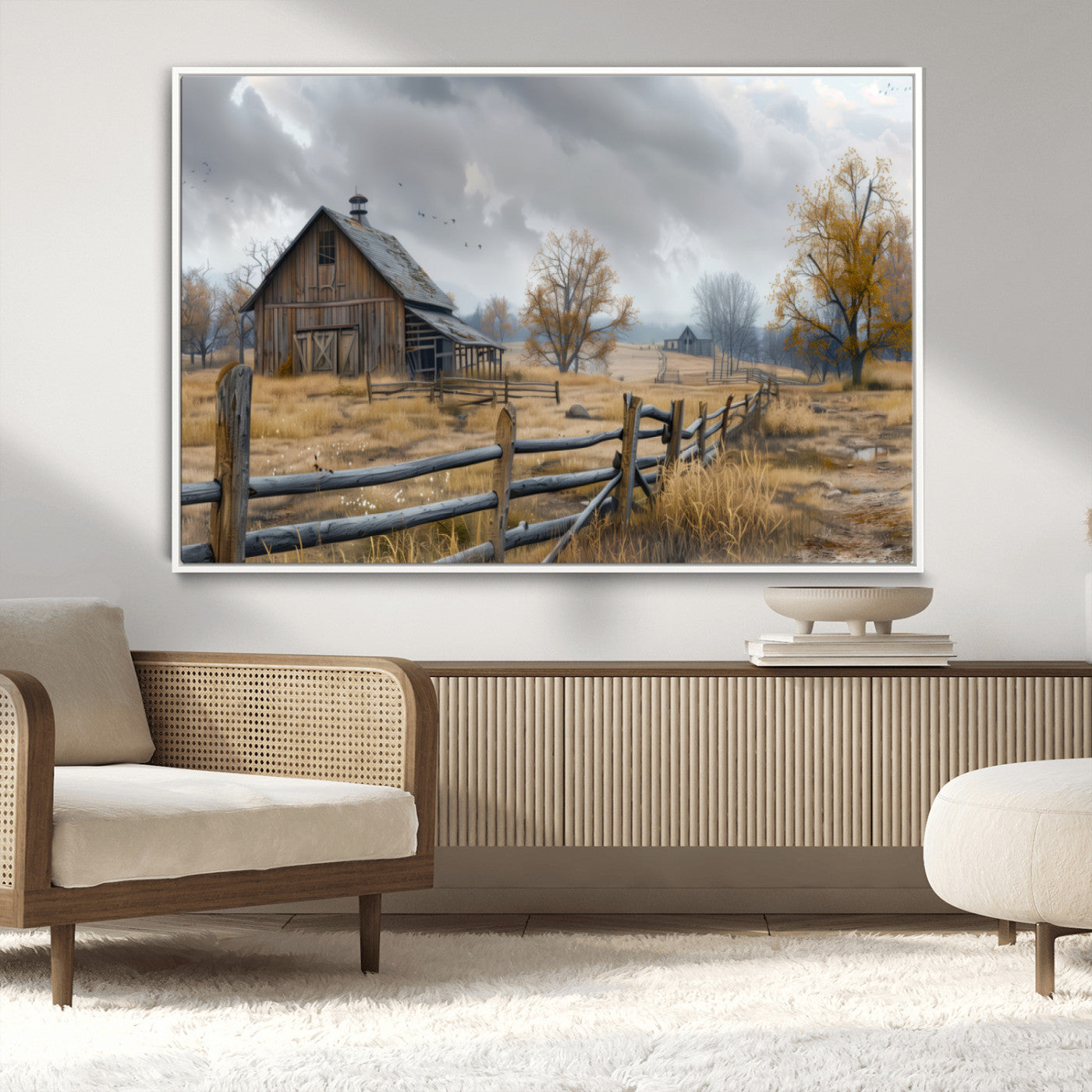 A tranquil rural scene featuring a rustic barn, overcast skies, and golden fields with scattered trees, evoking a sense of peaceful solitude in nature.
