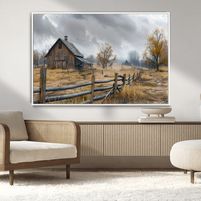 A tranquil rural scene featuring a rustic barn, overcast skies, and golden fields with scattered trees, evoking a sense of peaceful solitude in nature.