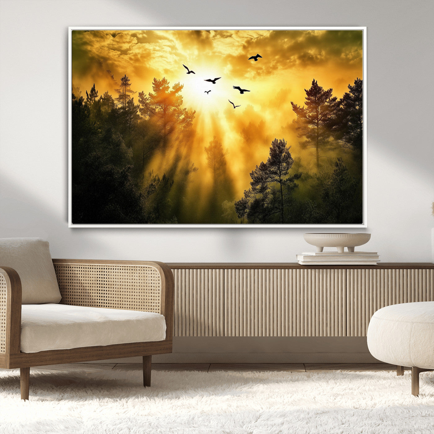 Canvas of a golden forest at sunset with birds flying through glowing sunbeams and silhouetted pine trees, ideal for warm-toned rustic decor.