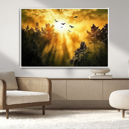 Canvas of a golden forest at sunset with birds flying through glowing sunbeams and silhouetted pine trees, ideal for warm-toned rustic decor.