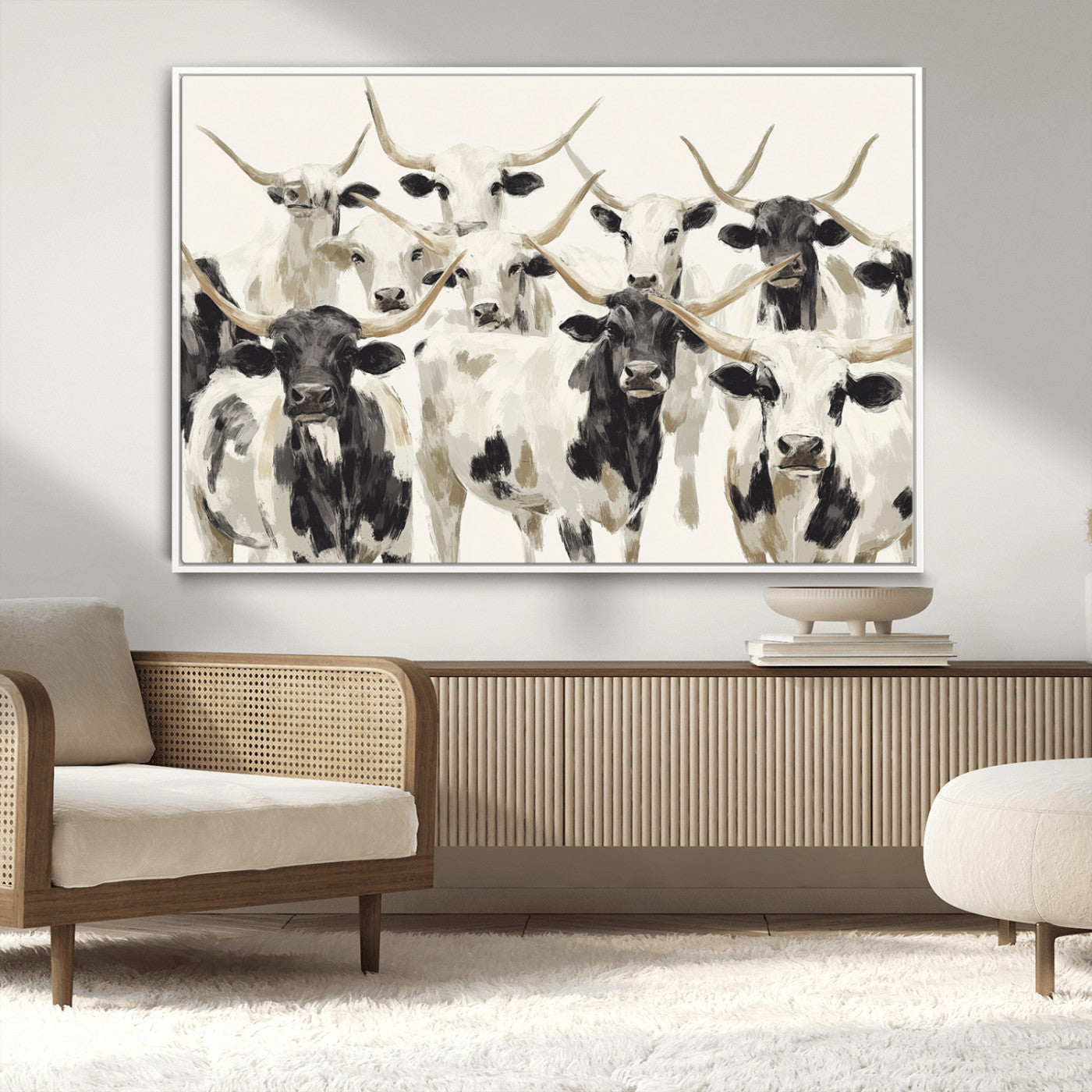 Canvas of a Texas Longhorn cattle herd in neutral black and white tones, ideal for rustic farmhouse or western-themed decor.