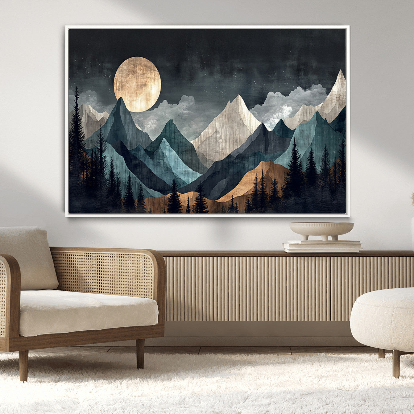 Stylized canvas of layered mountains under a full moon in neutral moody tones, ideal for nature-inspired or modern rustic interiors.