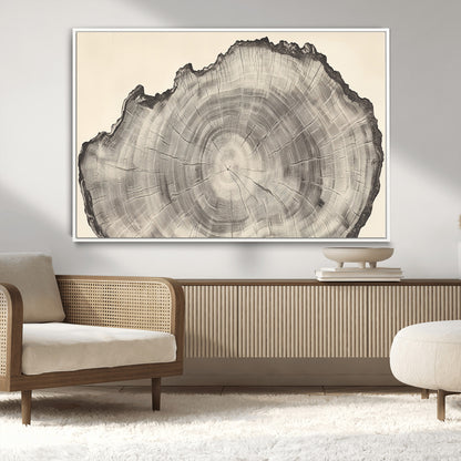 Detailed tree ring drawing in monochrome tones, ideal for rustic or nature-inspired interiors with a minimal decor aesthetic.