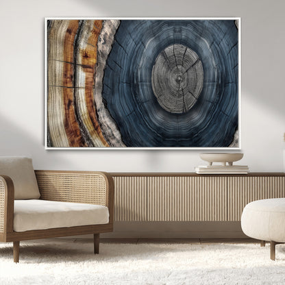 A stunning close-up of a tree trunk showing the intricate, circular growth rings, showcasing the natural textures and rich contrasts in deep blues, browns, and silvers.