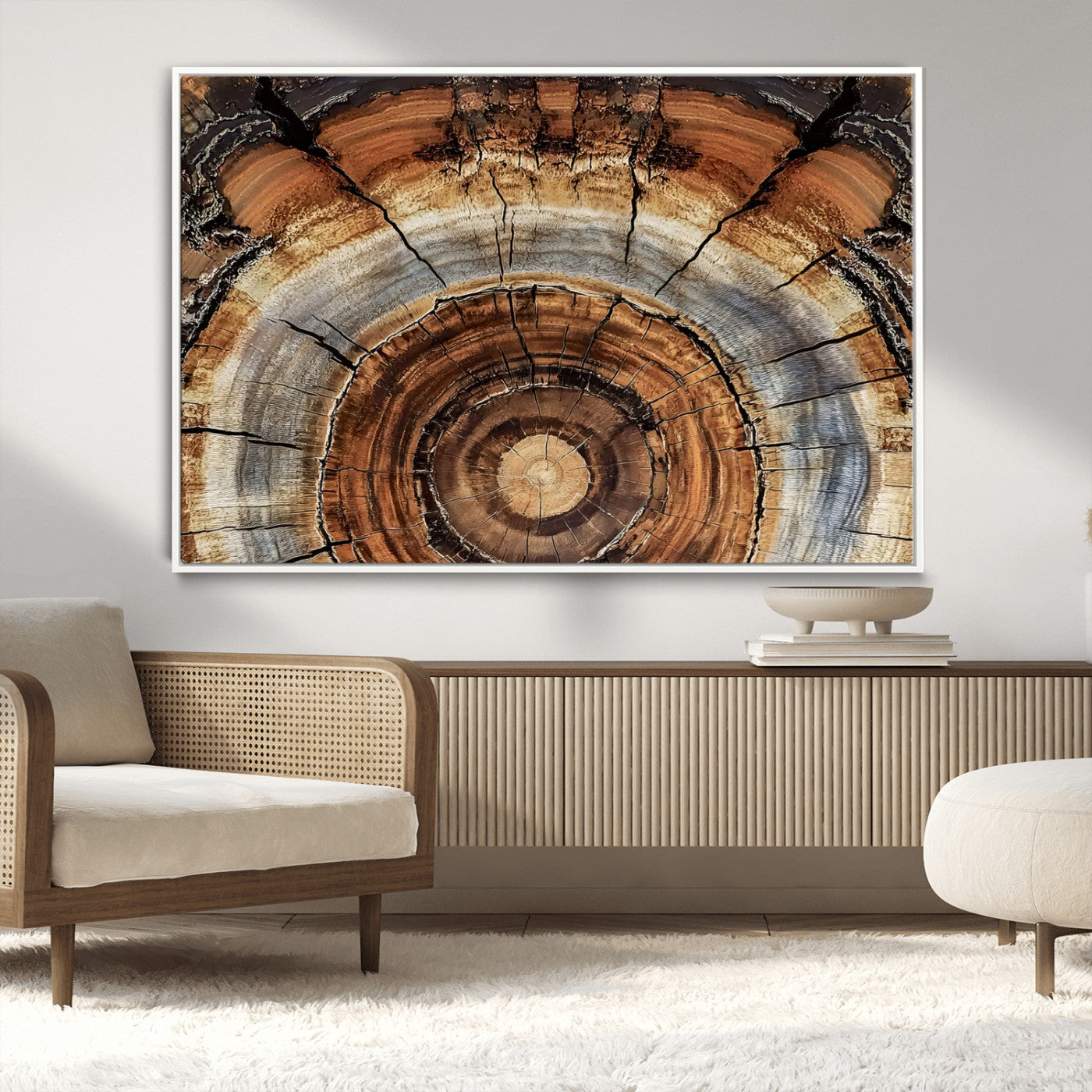 Canvas of tree rings and natural wood grain in earthy tones, ideal for rustic or vintage-inspired home decor with organic textures.