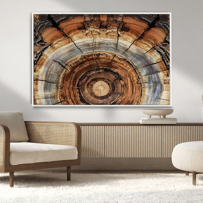 Canvas of tree rings and natural wood grain in earthy tones, ideal for rustic or vintage-inspired home decor with organic textures.