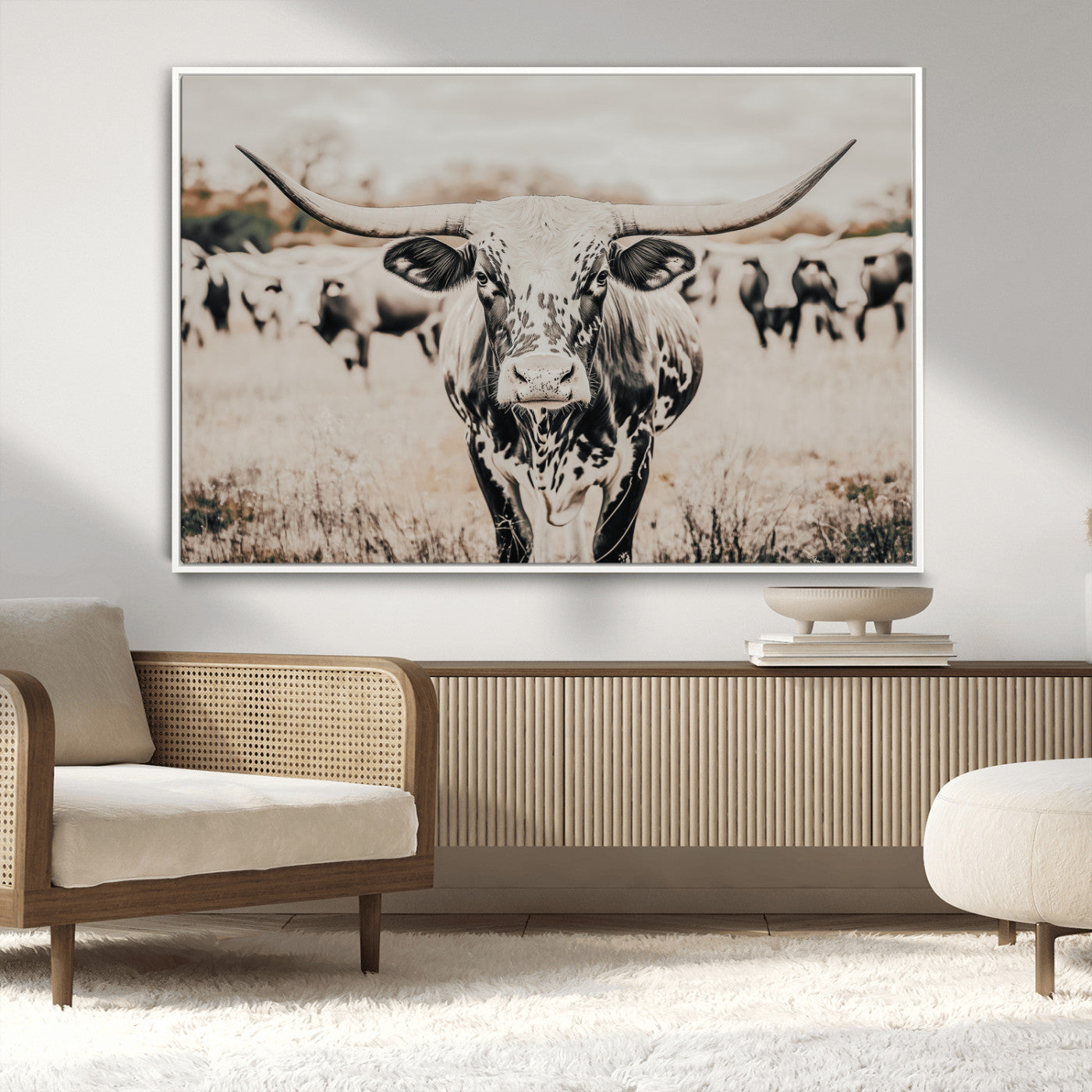 Canvas of a speckled Texas longhorn standing boldly in a field with a herd behind, perfect for rustic western or farmhouse wall decor.