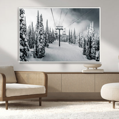 Canvas of a snowy ski lift scene through a forest of tall pine trees, ideal for moody winter or alpine-themed home decor.