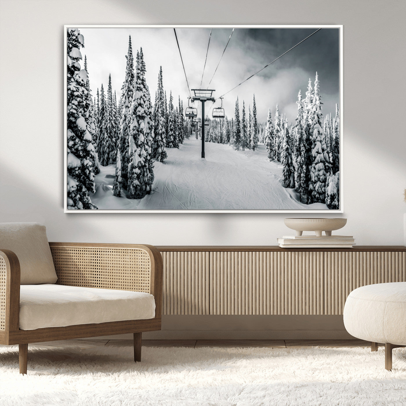 Canvas of a snowy ski lift scene through a forest of tall pine trees, ideal for moody winter or alpine-themed home decor.