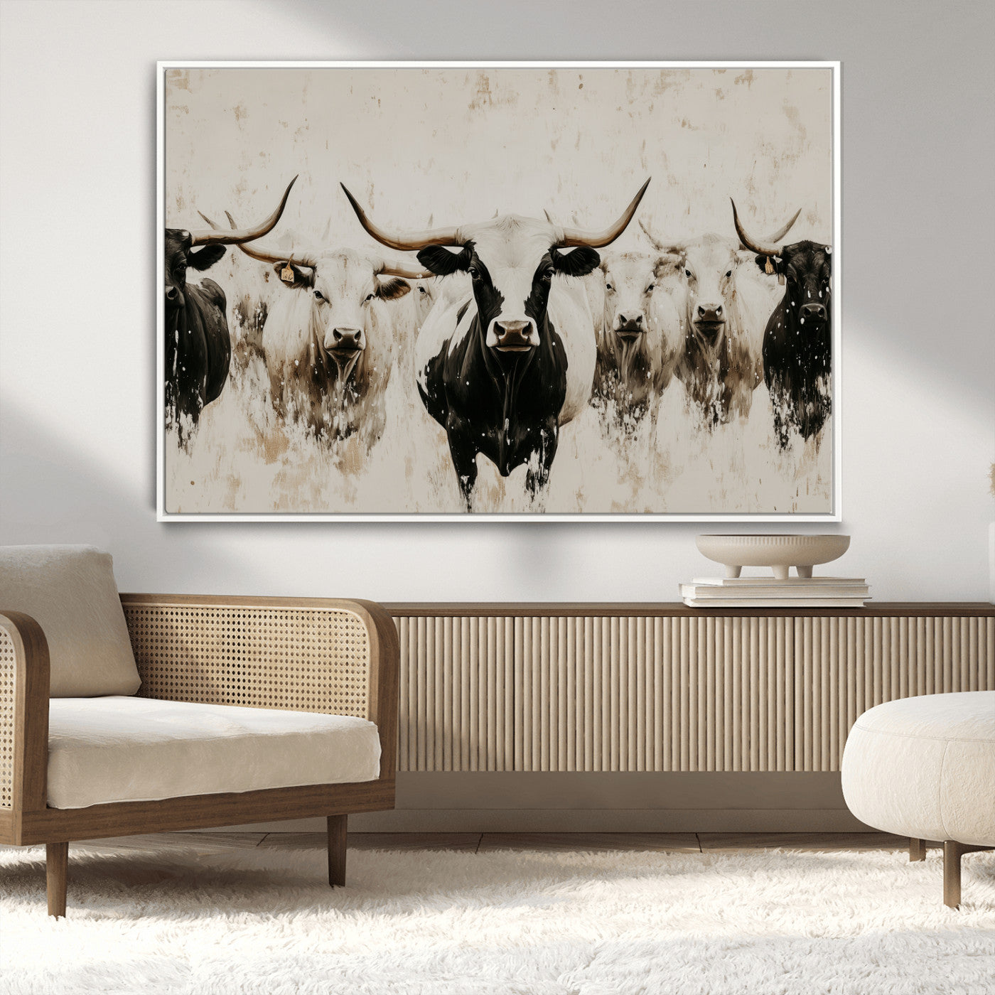 Illustrated herd of longhorn cattle in black and white tones with a neutral textured background, perfect for rustic or farmhouse-style decor.