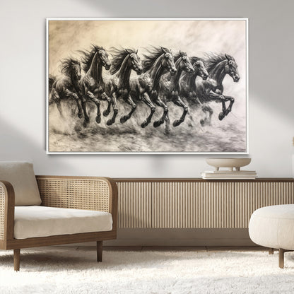 Monochrome drawing of a herd of galloping horses, perfect for dynamic and wild-themed decor in any equestrian or nature-inspired room.