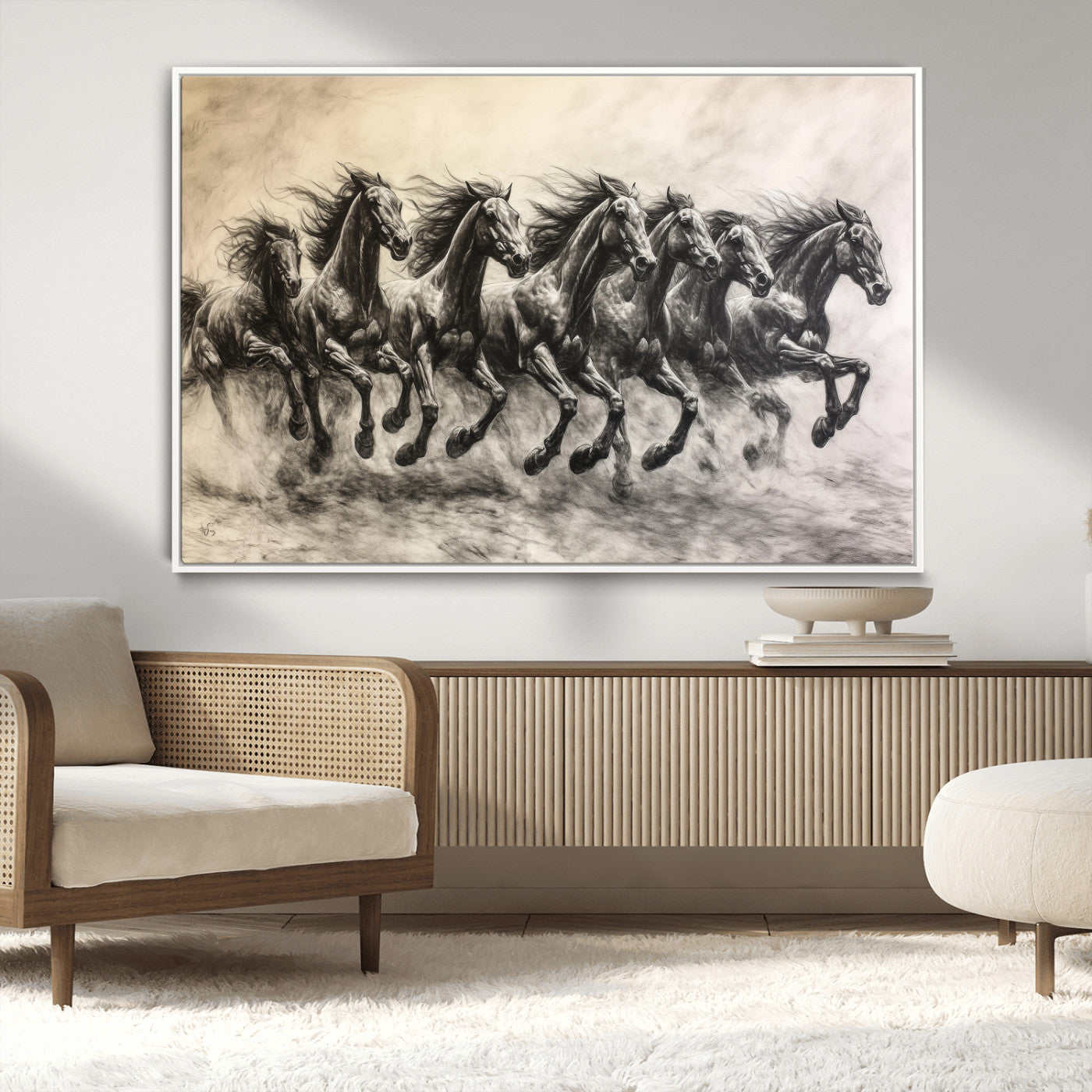 Monochrome drawing of a herd of galloping horses, perfect for dynamic and wild-themed decor in any equestrian or nature-inspired room.