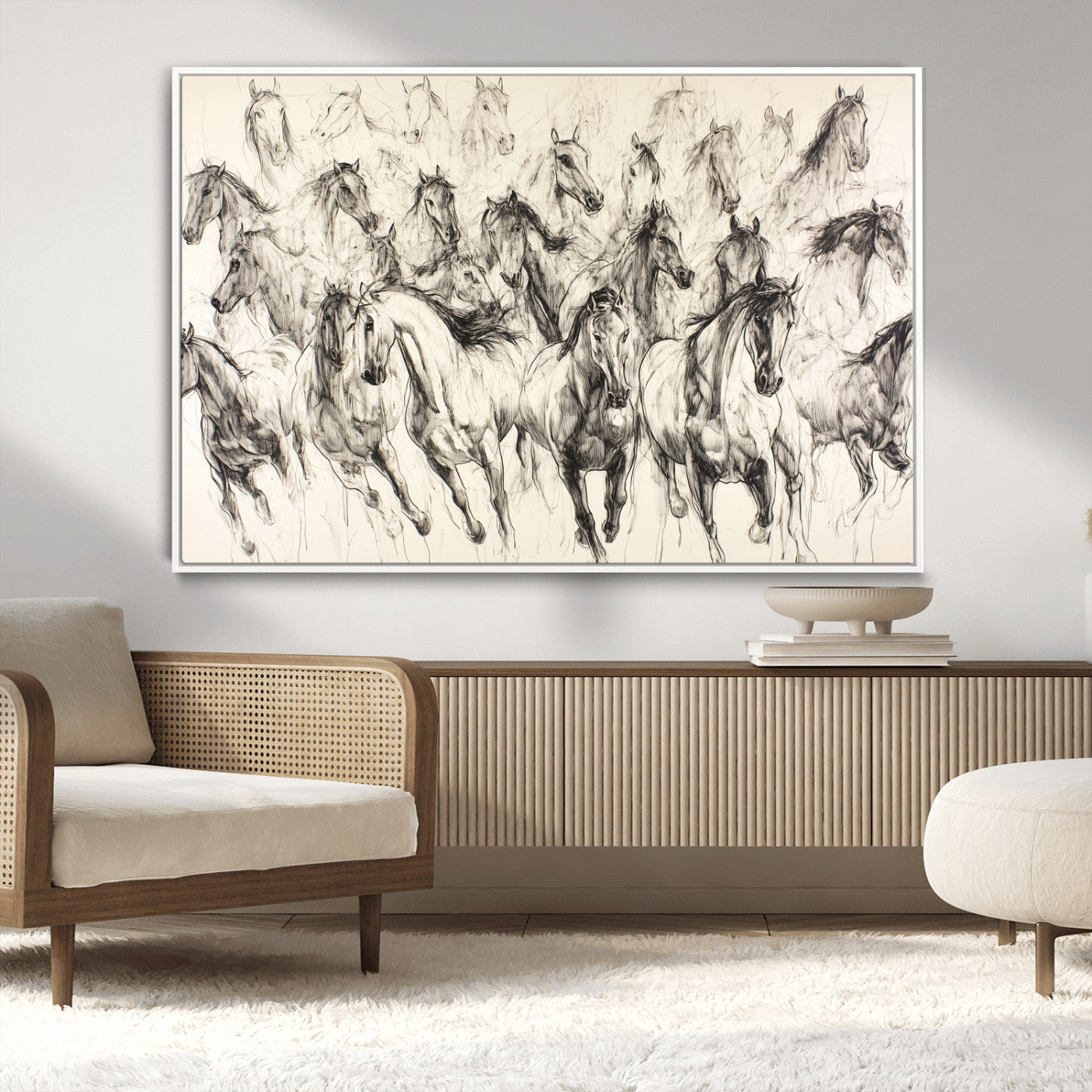 Monochrome ink sketch of galloping horses in dynamic motion, perfect for western or equine-themed wall decor with bold artistic energy.