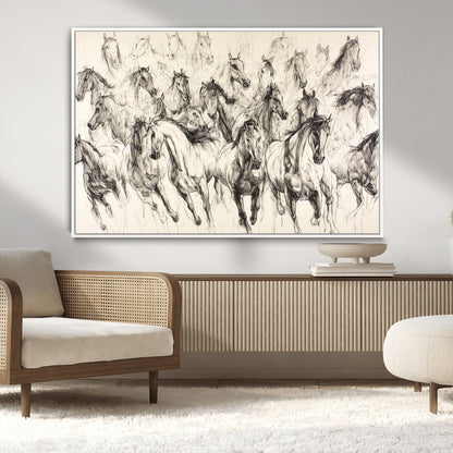 Monochrome ink sketch of galloping horses in dynamic motion, perfect for western or equine-themed wall decor with bold artistic energy.