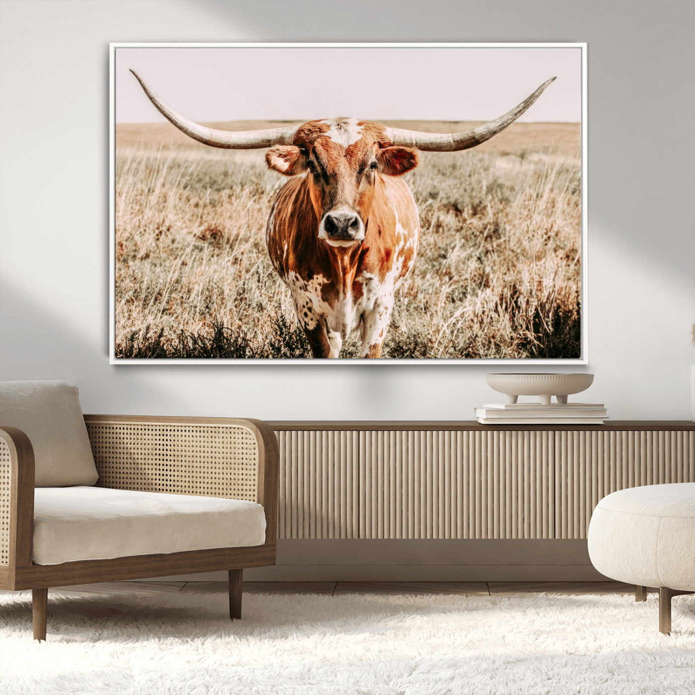 Framed longhorn cow canvas wall art with rustic prairie background, western animal print perfect for farmhouse or ranch style decor