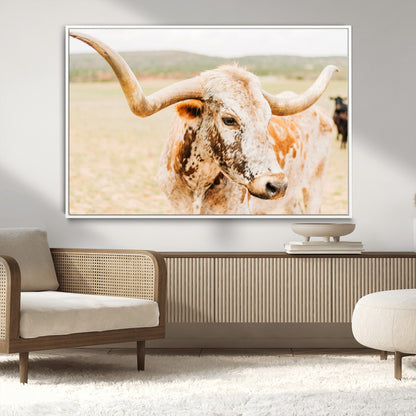 Close-up of a speckled Texas Longhorn in warm prairie tones, perfect for rustic western or countryside-themed room decor.