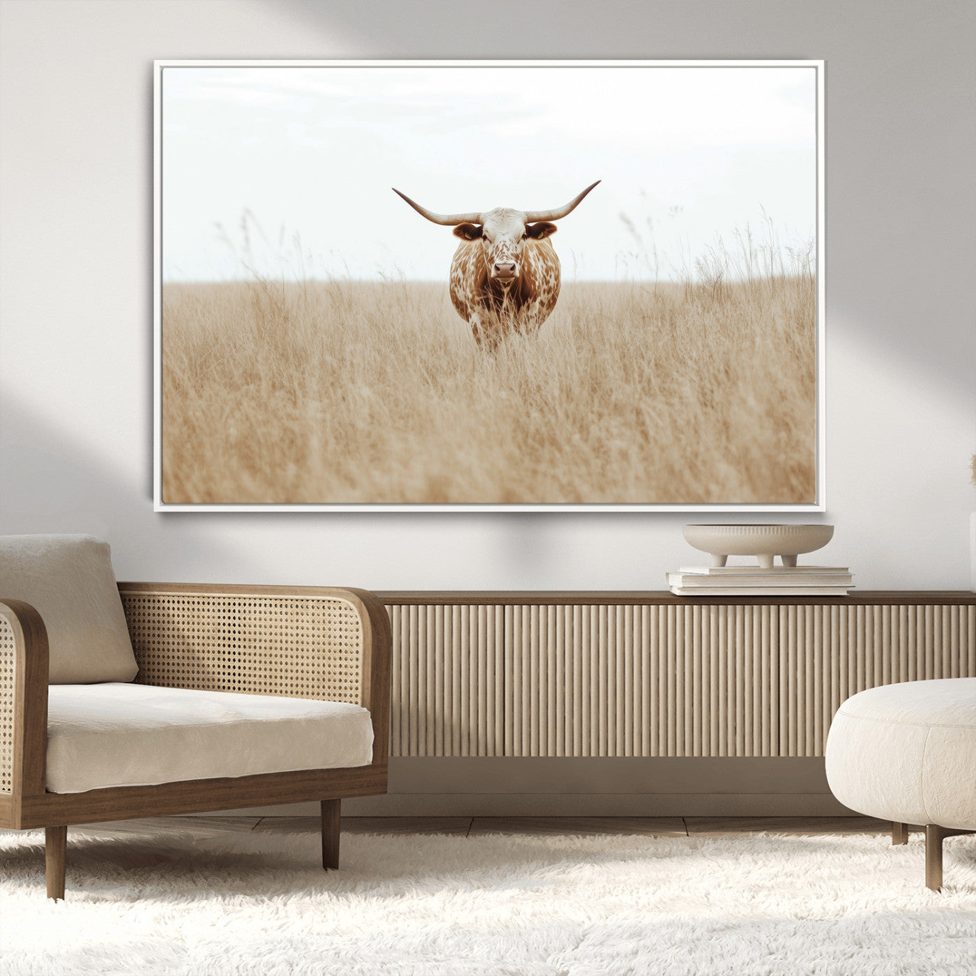 Texas Longhorn bull standing alone in dry grass with neutral tones, ideal for rustic western or cowboy-themed wall decor.
