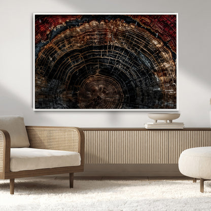 Dark Wood Wall Art Print - Petrified Tree Canvas Print, featuring an intricate tree ring pattern with deep earthy tones and organic textures, perfect for rustic and nature-inspired decor.