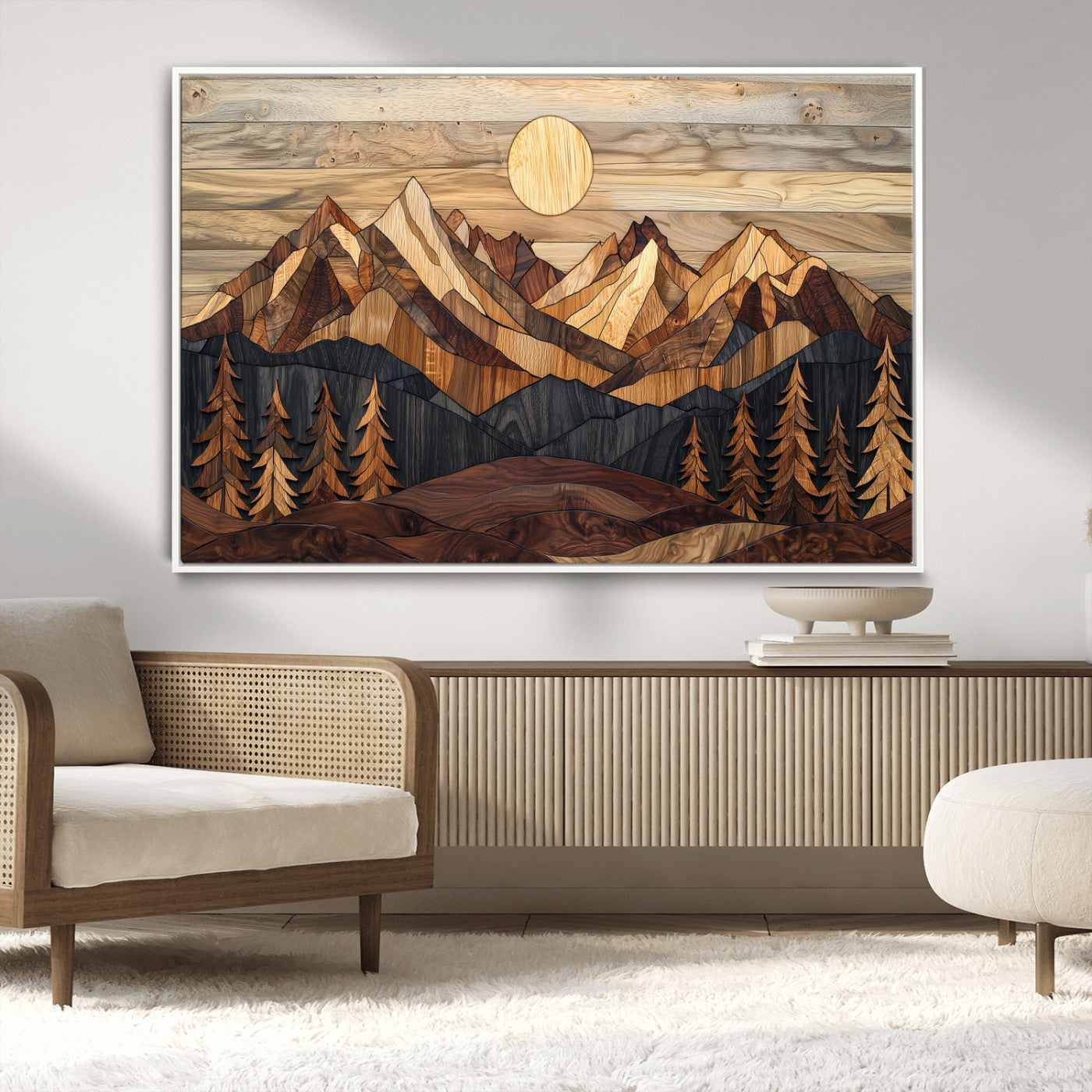 Mountain Landscape Wall Art Print - Sunset Hills Canvas Print, featuring an abstract nature scene with earthy tones and misty peaks, perfect for boho and modern decor.