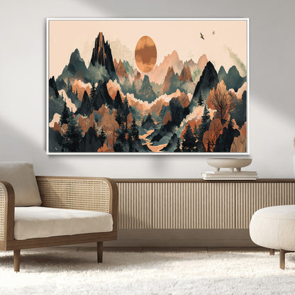 Mountain Landscape Wall Art Print - Sunset Hills Canvas Print, featuring an abstract nature scene with earthy tones and misty peaks, perfect for boho and modern decor.