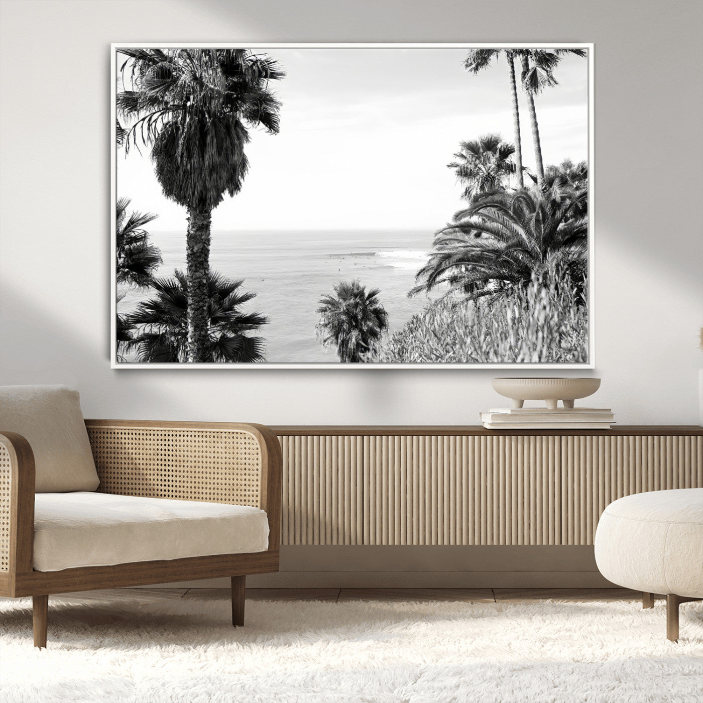 Monochrome canvas of palm trees framing a coastal surf scene, perfect for California-inspired or retro black-and-white beach decor.
