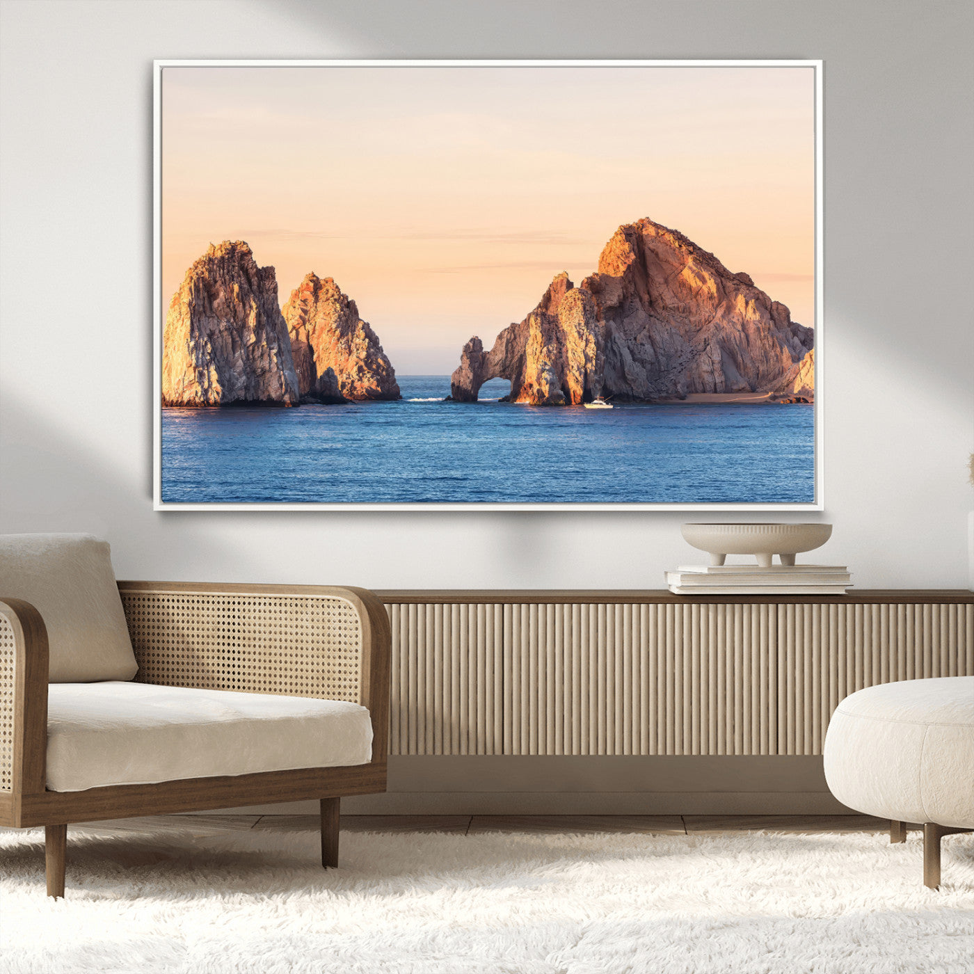 Framed canvas of El Arco rock formation in Cabo San Lucas at golden hour, ideal for coastal landmark or ocean-inspired decor.