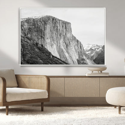Monochrome canvas of El Capitan’s granite wall in Yosemite with snowy peaks, ideal for dramatic mountain or black-and-white nature decor.