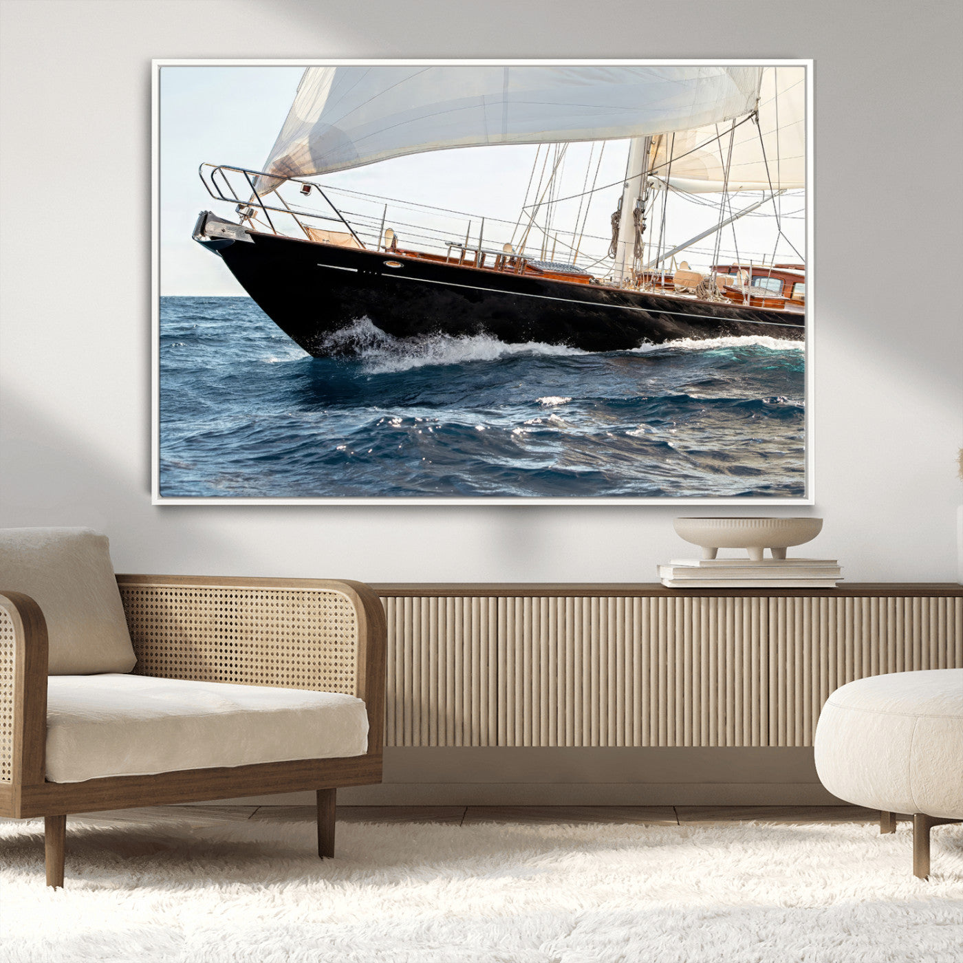 Close-up of a classic sailing yacht with wooden deck and full sails, perfect for nautical or coastal-style decor in ocean-themed spaces.