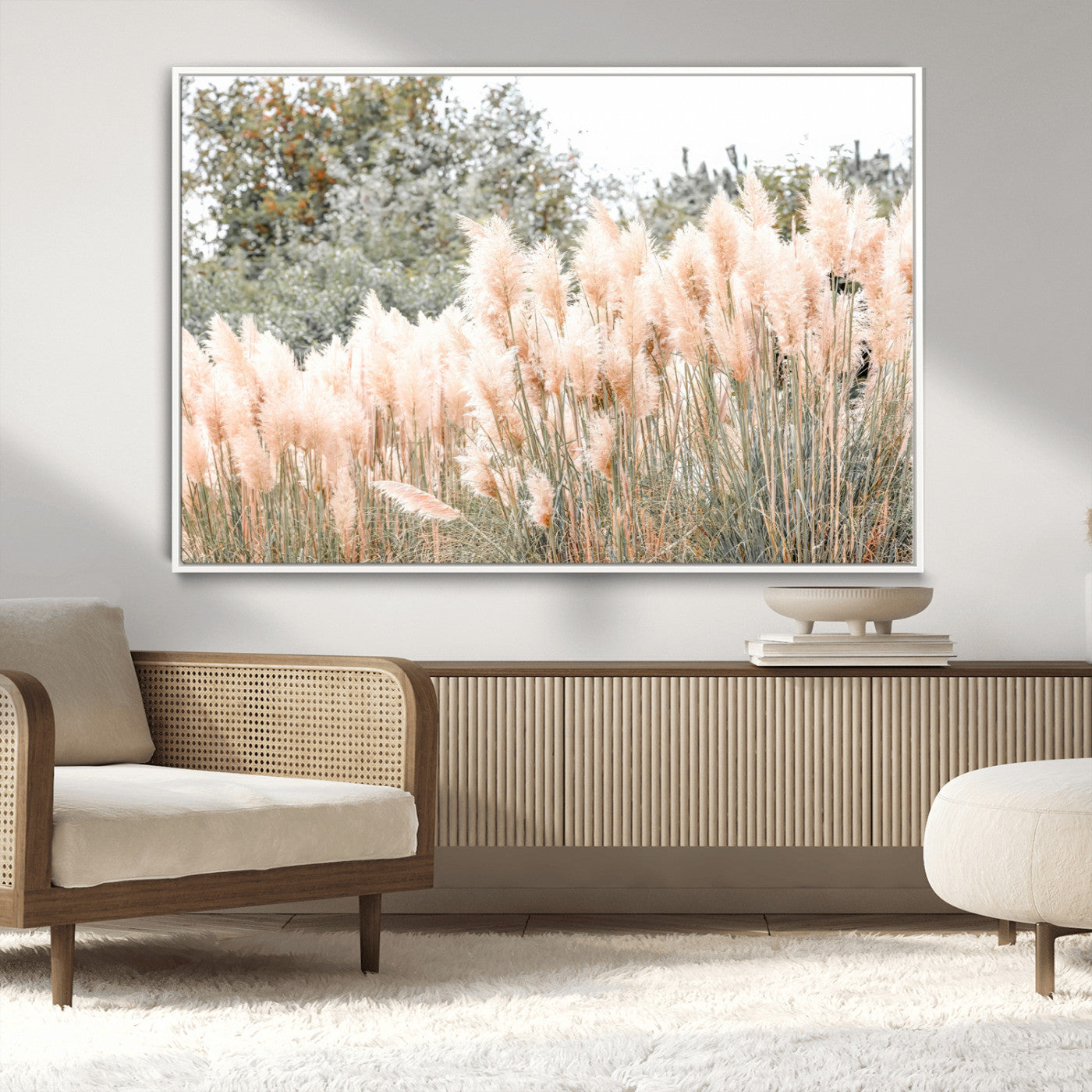 Soft pastel pampas grasses in a natural setting, ideal for neutral boho or rustic botanical-style interior wall decoration.